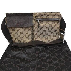 GUCCI GG Logo Double Pocket Bum Bag Canvas Leather Brown SHW Italy 65CA523